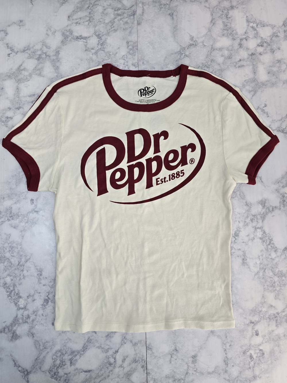 Dr Pepper Baby Tee with Maroon Logo Medium Ringer Tee